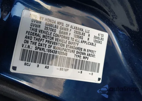 2003 Honda Odyssey Ex из США, поврежденный, VIN 5FNRL18643B102646